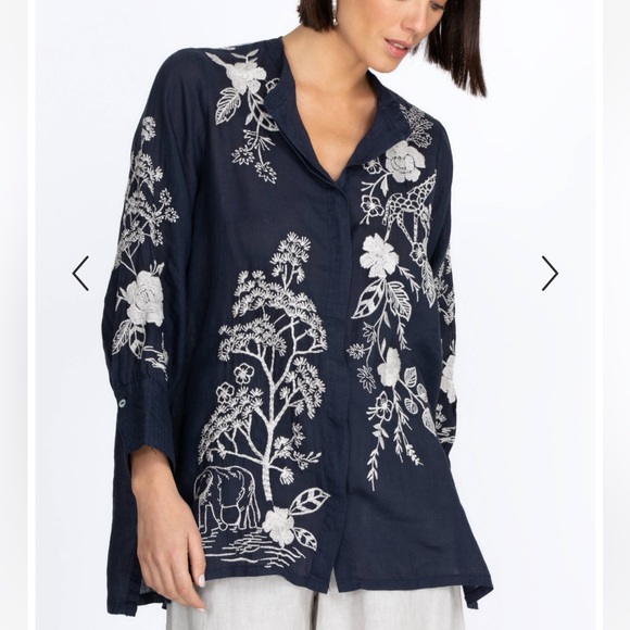 Johnny Was Osiris Voyager Tunic Top Embroidered Long-Sleeve Women’s Small Navy - Picture 2 of 12